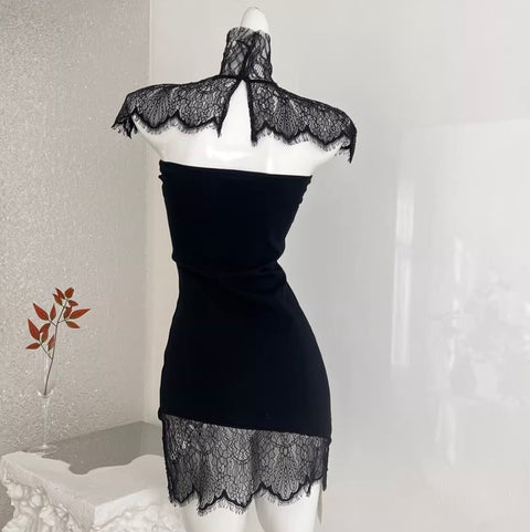 Sexy Black Lace Vest & Dress 2Pcs