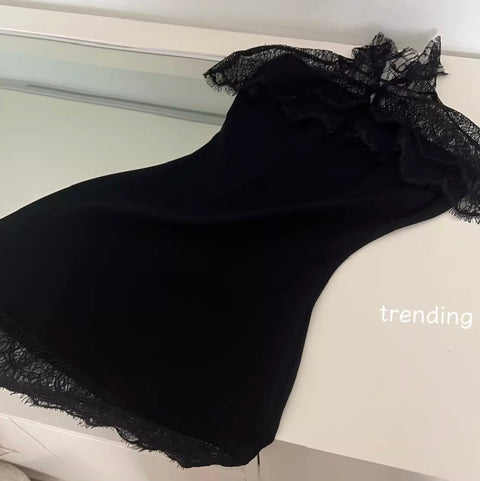 Sexy Black Lace Vest & Dress 2Pcs