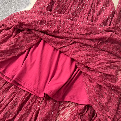 V-neck Sequined Lace Dress