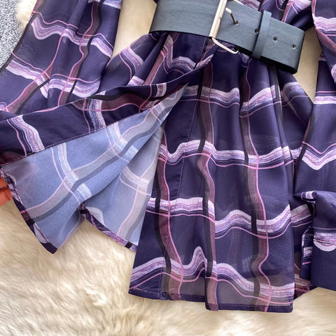 V-neck Plaid Shirt with Belt