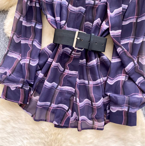 V-neck Plaid Shirt with Belt