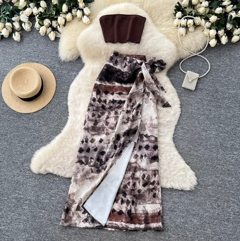 Tank Top & Print Knotted Skirt 2Pcs