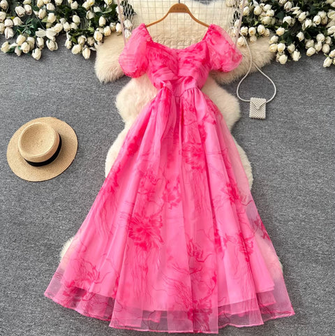 Romantic Floral Print Mesh Dress