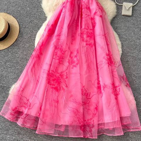 Romantic Floral Print Mesh Dress
