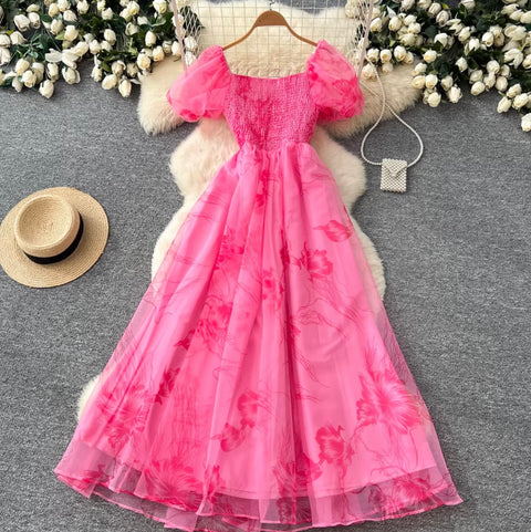 Romantic Floral Print Mesh Dress