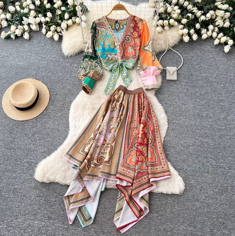 Ethnic Print Shirt & Skirt Niche 2Pcs