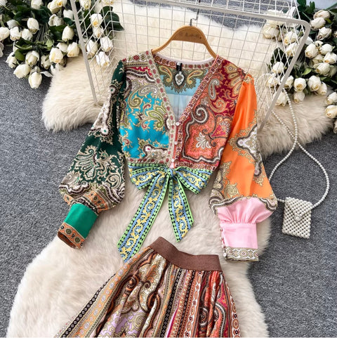 Ethnic Print Shirt & Skirt Niche 2Pcs