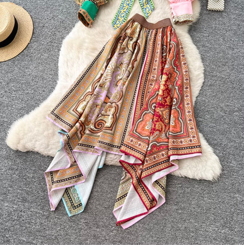 Ethnic Print Shirt & Skirt Niche 2Pcs