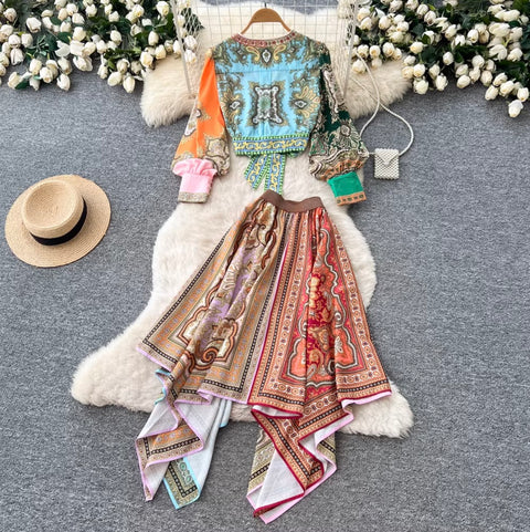 Ethnic Print Shirt & Skirt Niche 2Pcs
