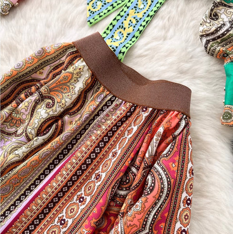 Ethnic Print Shirt & Skirt Niche 2Pcs