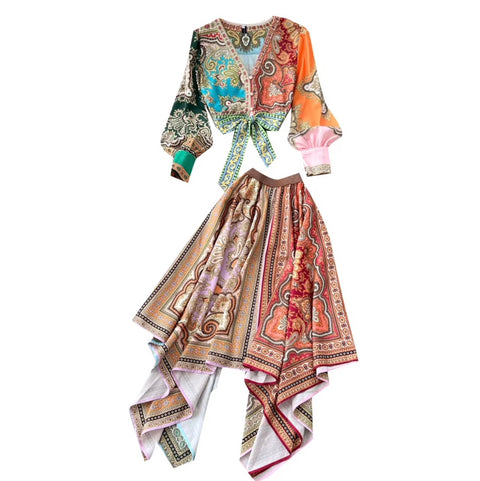 Ethnic Print Shirt & Skirt Niche 2Pcs