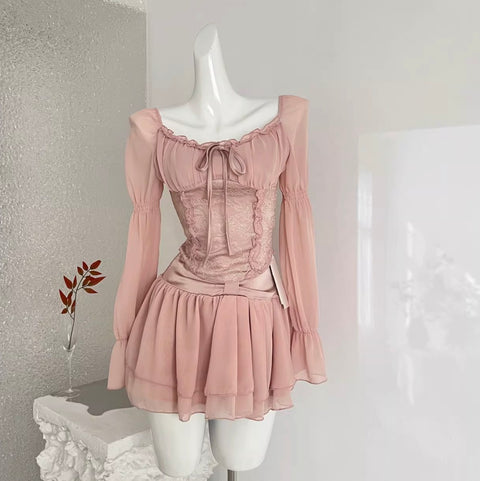 Lace Shirt & Pleated Skirt 2Pcs