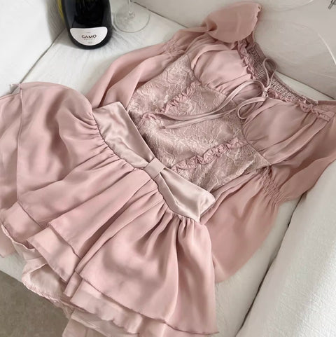 Lace Shirt & Pleated Skirt 2Pcs