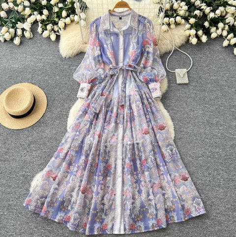 Purple Floral Print Shirt Dress