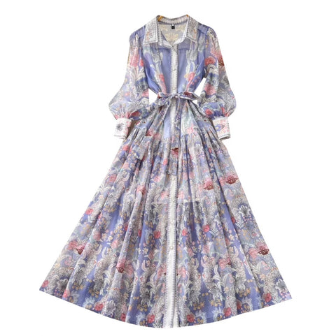 Purple Floral Print Shirt Dress