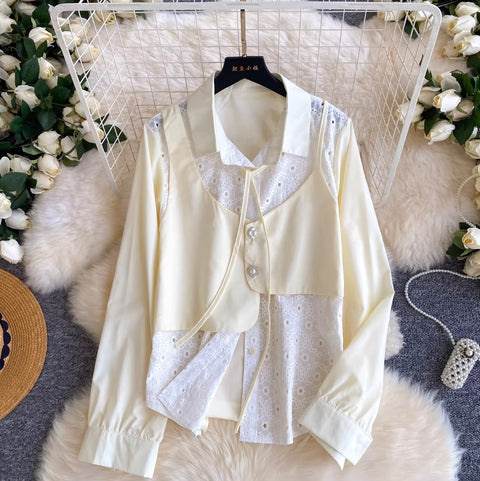 Faux Two-pieces Lace Patchwork Shirt