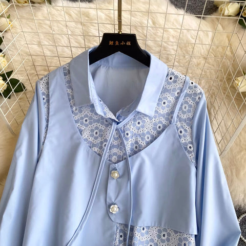 Faux Two-pieces Lace Patchwork Shirt