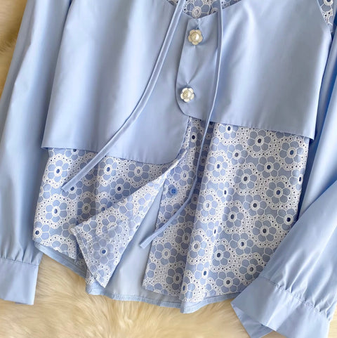 Faux Two-pieces Lace Patchwork Shirt