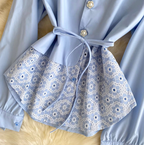 Faux Two-pieces Lace Patchwork Shirt
