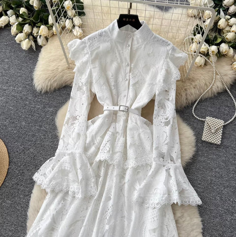 Korean Style Ruffled Lace Shirt Dress