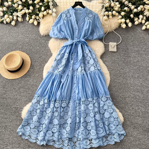 V-neck Puffy Sleeve Lace Dress