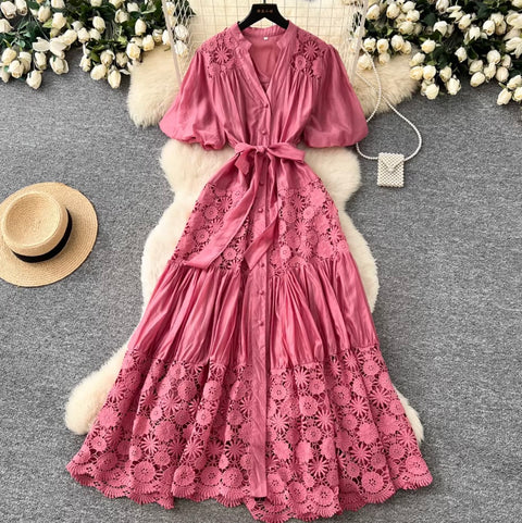V-neck Puffy Sleeve Lace Dress