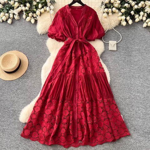 V-neck Puffy Sleeve Lace Dress
