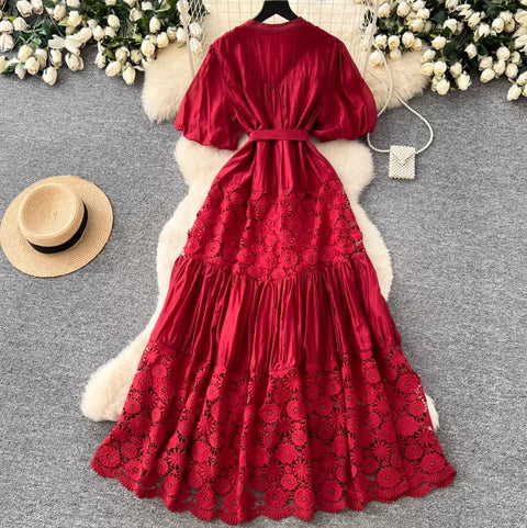 V-neck Puffy Sleeve Lace Dress