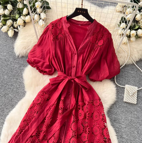 V-neck Puffy Sleeve Lace Dress