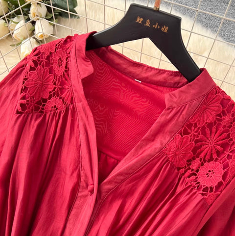 V-neck Puffy Sleeve Lace Dress