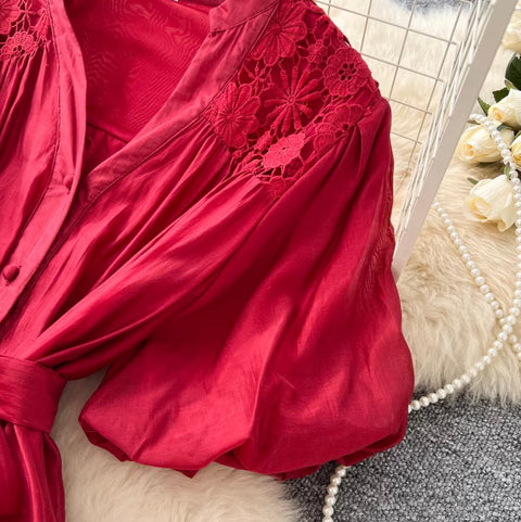 V-neck Puffy Sleeve Lace Dress