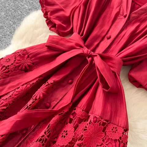 V-neck Puffy Sleeve Lace Dress