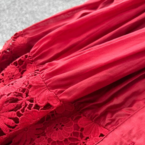 V-neck Puffy Sleeve Lace Dress