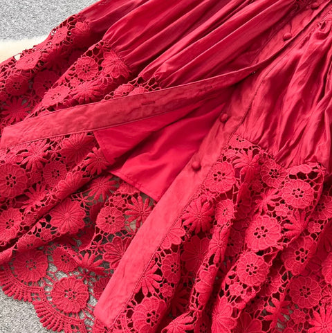 V-neck Puffy Sleeve Lace Dress
