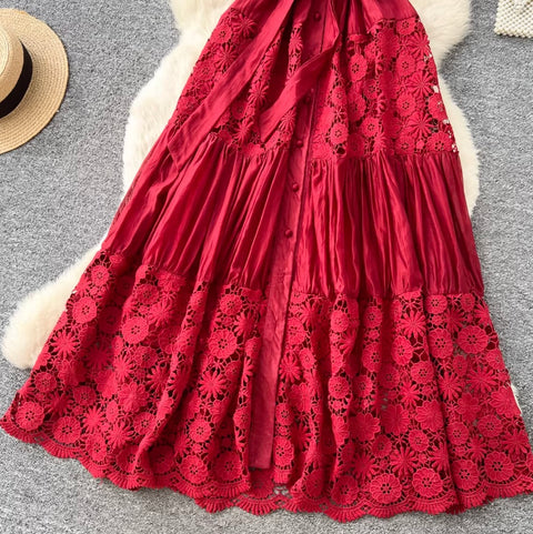 V-neck Puffy Sleeve Lace Dress