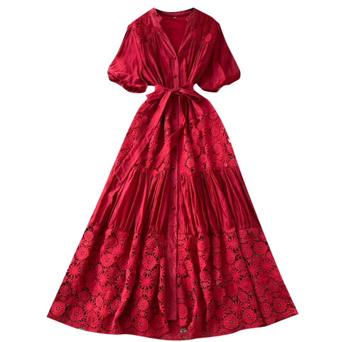 V-neck Puffy Sleeve Lace Dress
