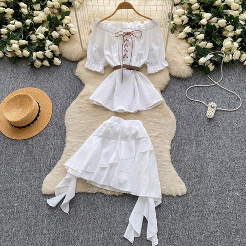Off-shoulder Top & Cake Skirt 2Pcs