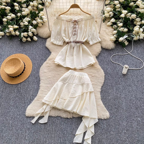 Off-shoulder Top & Cake Skirt 2Pcs