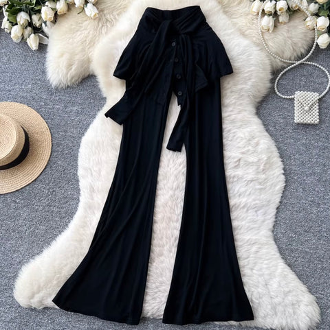Faux Two-pieces Black Flared Trousers