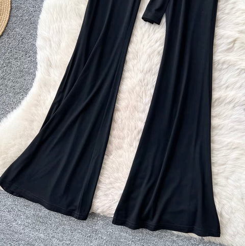 Faux Two-pieces Black Flared Trousers