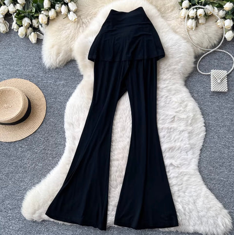 Faux Two-pieces Black Flared Trousers