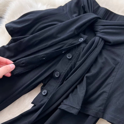 Faux Two-pieces Black Flared Trousers