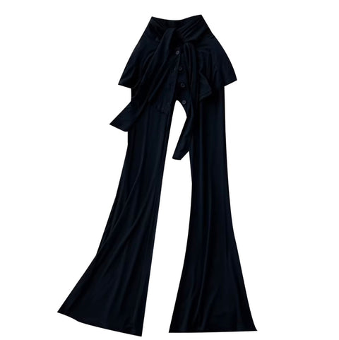 Faux Two-pieces Black Flared Trousers