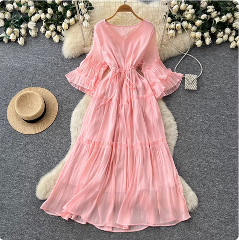 Sweetie Flared Sleeve Ruffled Dress
