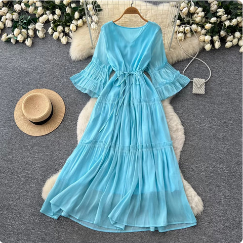 Sweetie Flared Sleeve Ruffled Dress