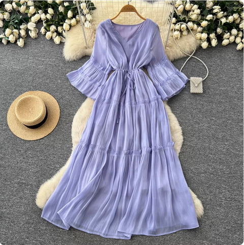 Sweetie Flared Sleeve Ruffled Dress