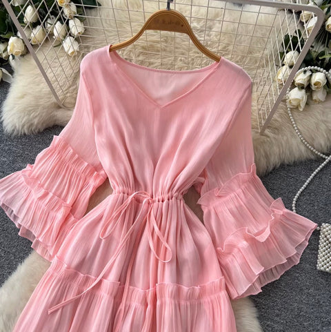 Sweetie Flared Sleeve Ruffled Dress