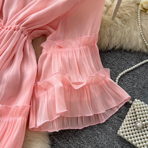 Sweetie Flared Sleeve Ruffled Dress