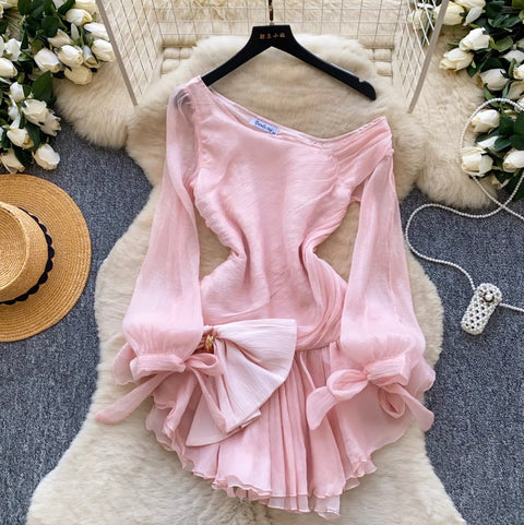 Slant Neckline Bow Embellished Dress