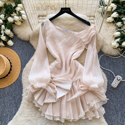 Slant Neckline Bow Embellished Dress